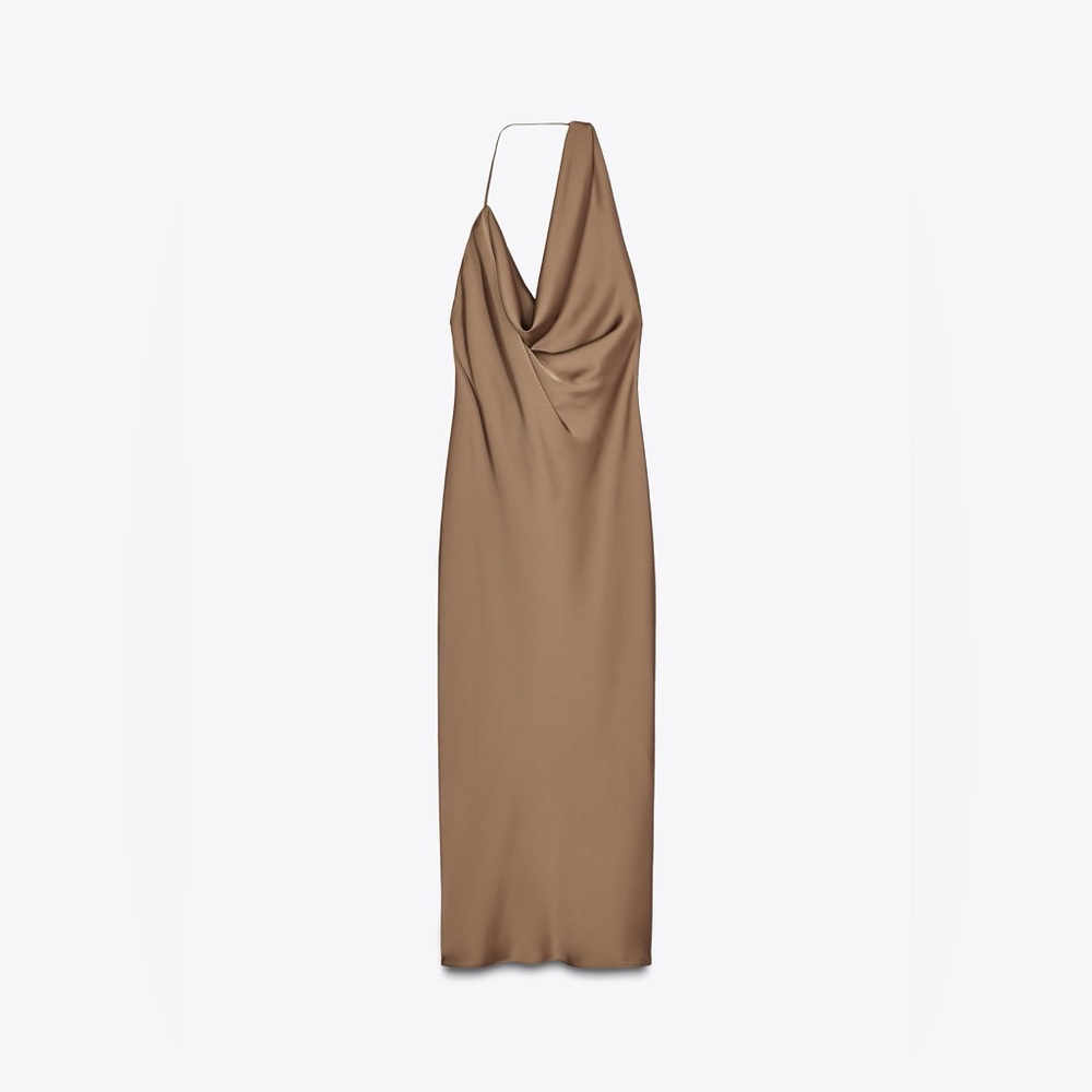 Zara Brown Halter satin maxi Dress evening wedding party cocktail - Picture 3 of 6